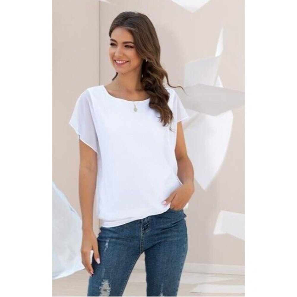 Neineiwu Women's Loose Casual Short Sleeve Lined Chiffon Top Tunic Gray  Medium